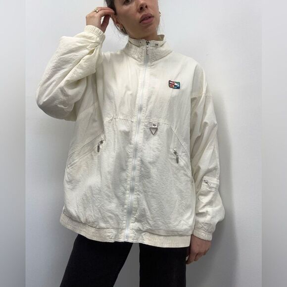 Vintage Jackets & Blazers - Vintage 90's Nautical Cream Windbreaker Funnel Neck Jacket Size L